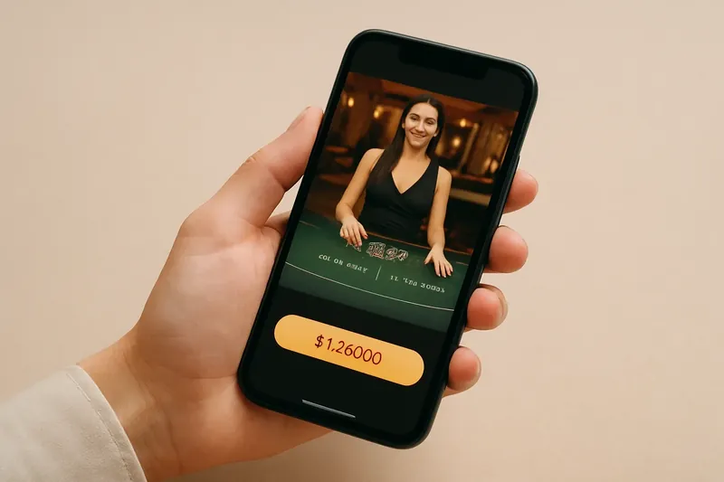 Hand holding smartphone showing dark casino app with live dealer preview