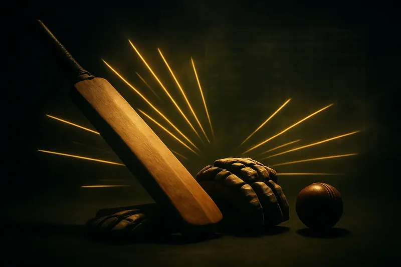 Close-up cricket equipment on dark surface with neon speed lines