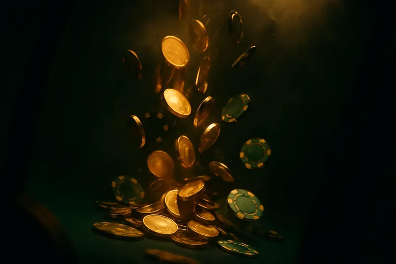 Golden coins and casino chips falling with green neon lighting