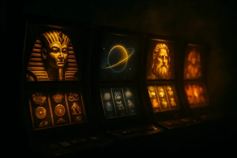 Five vivid video slot machines with neon lighting and themed screens